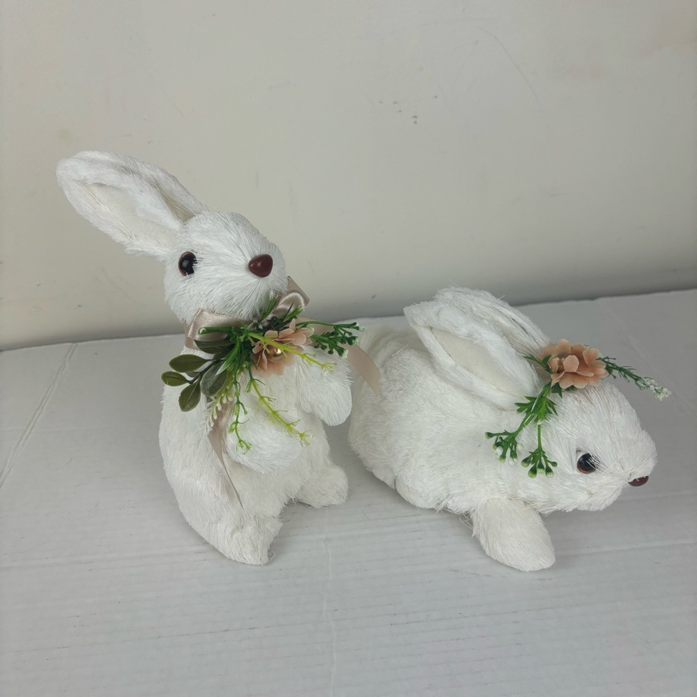 Cute- Pair of white sisal bunny rabbits with floral accents-